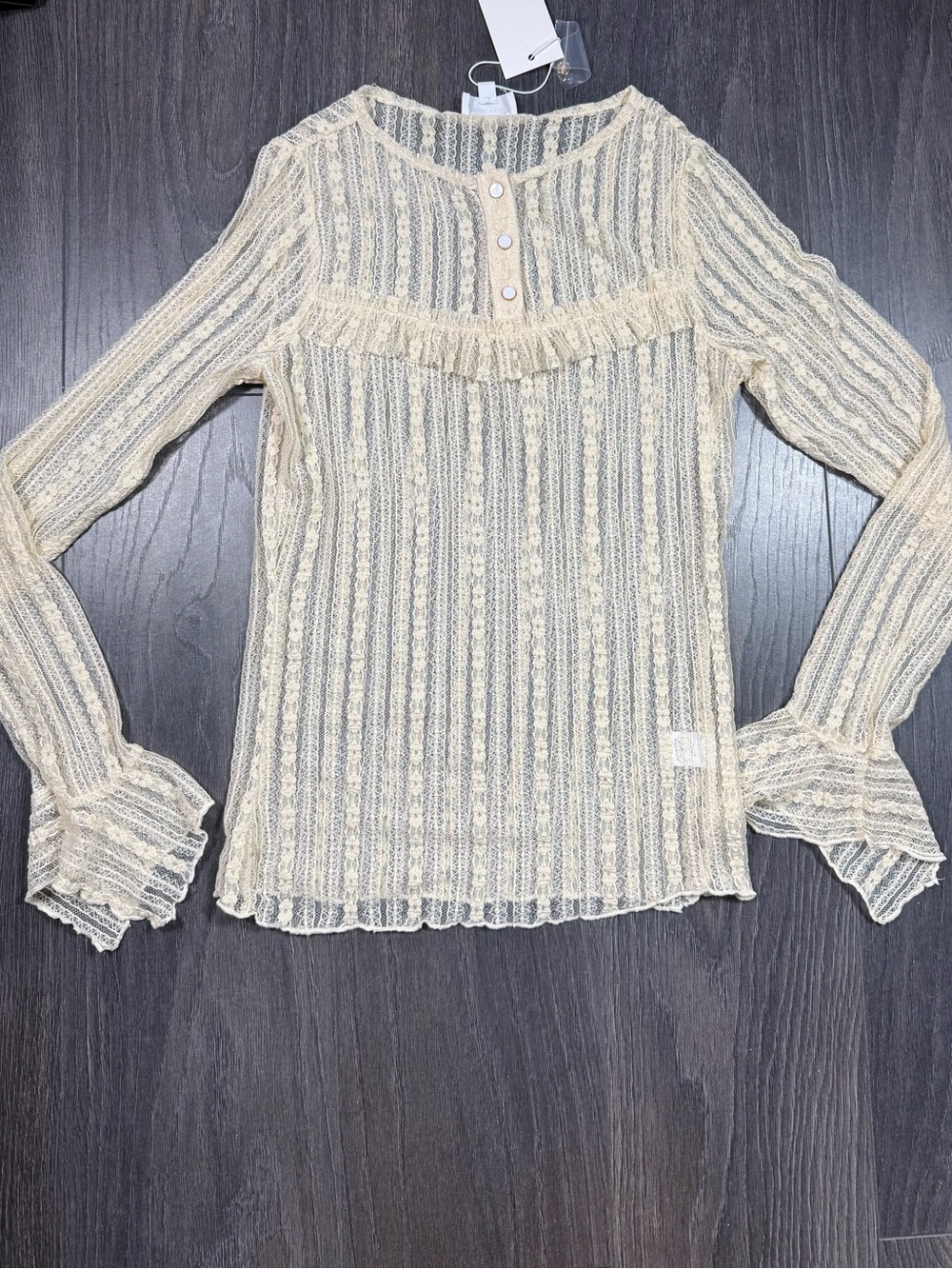 Cream Lace-Trim Ruffle Long-Sleeve Blouse